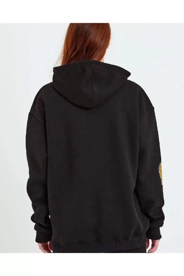 Baskılı Kapüşonlu Sweatshirt - Siyah