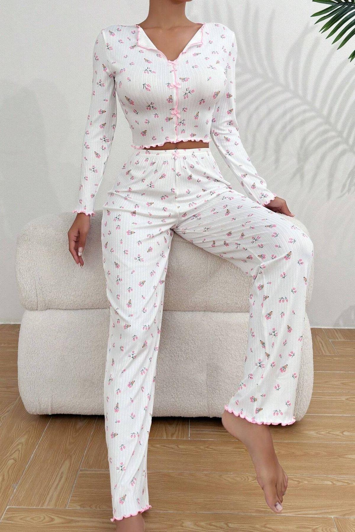 Beyaz Fiyonk Detaylı Crop Pijama Takımı 7077