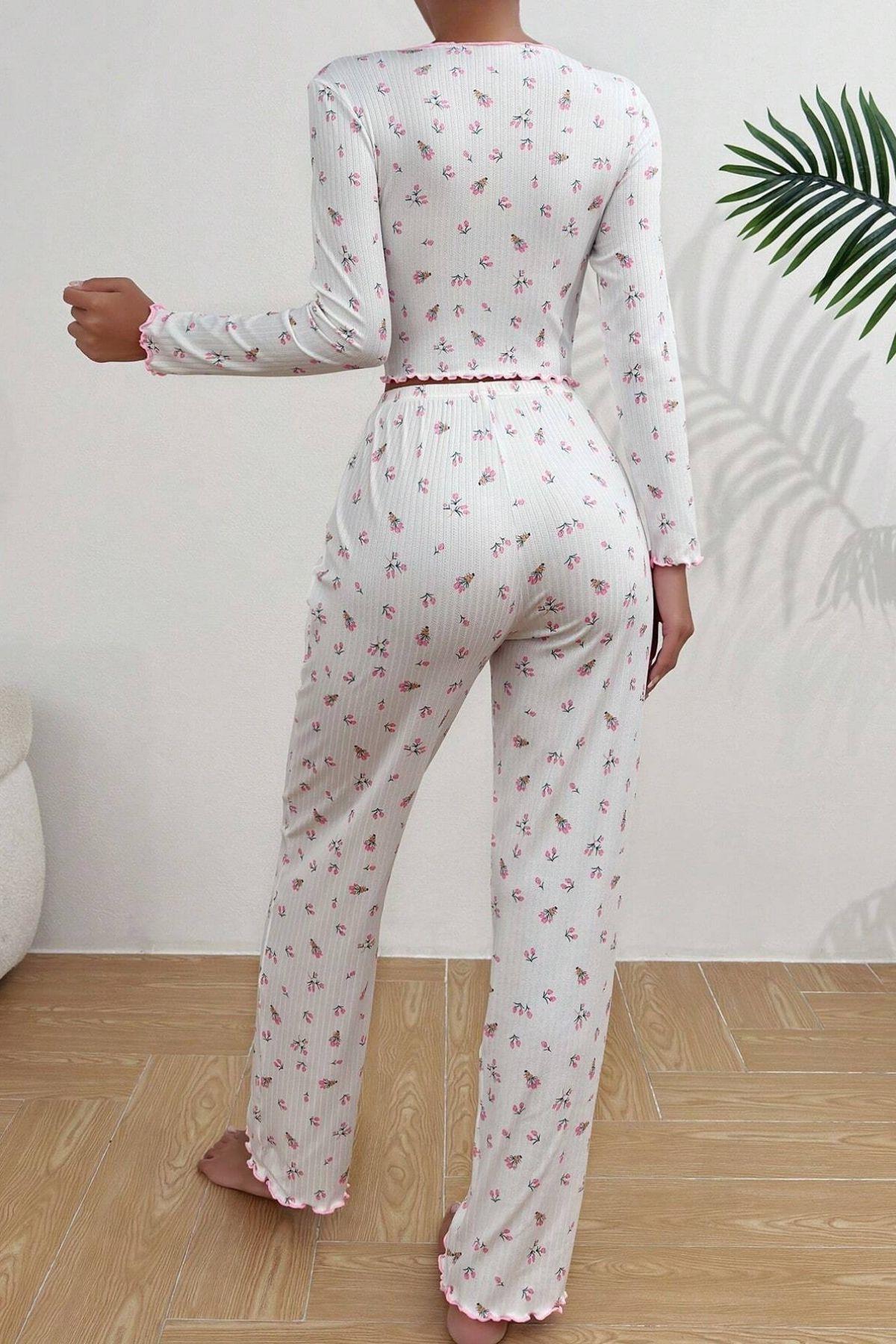 Beyaz Fiyonk Detaylı Crop Pijama Takımı 7077