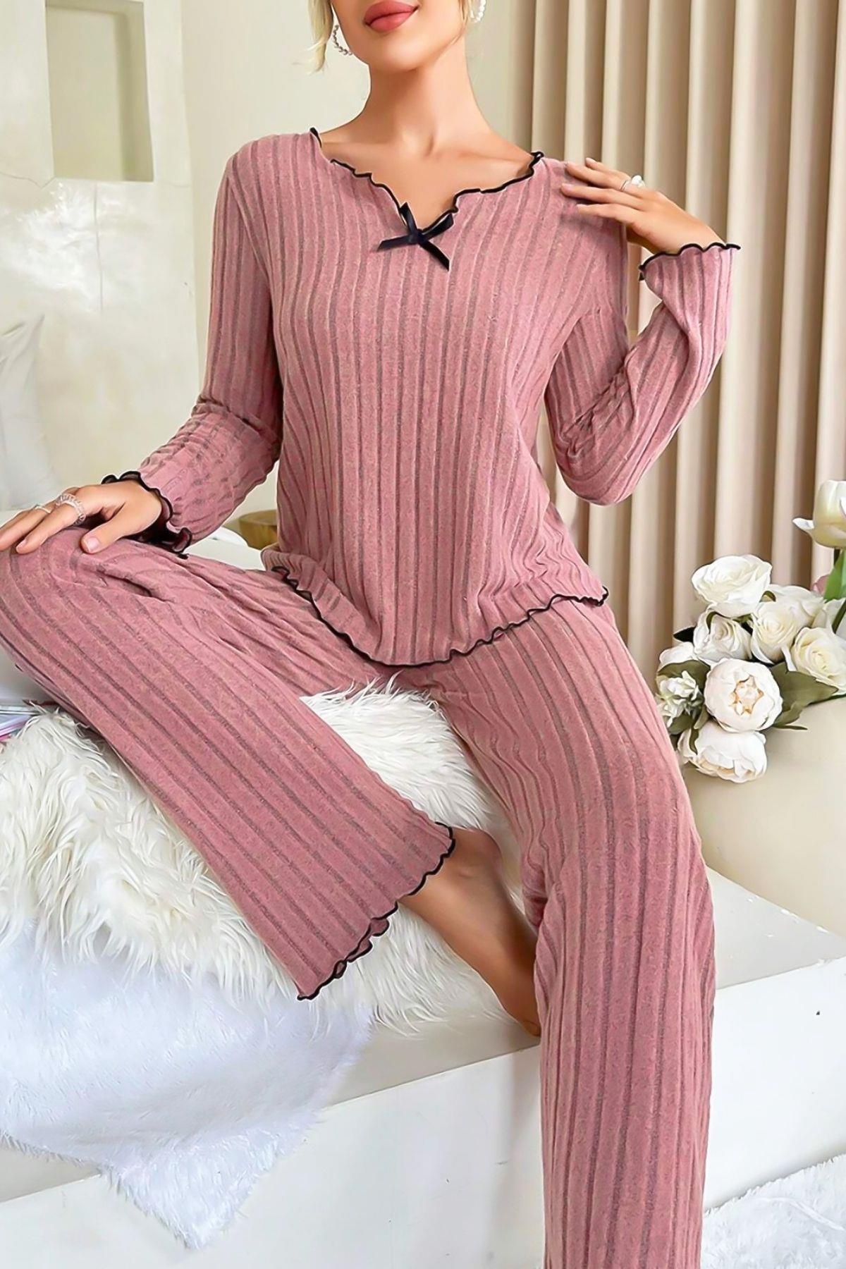 Gül Kurusu Uzun Kollu Pamuklu Pijama Takımı 7067