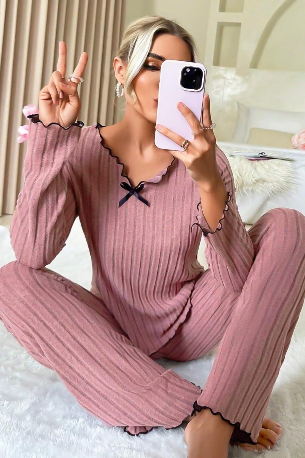 Gül Kurusu Uzun Kollu Pamuklu Pijama Takımı 7067