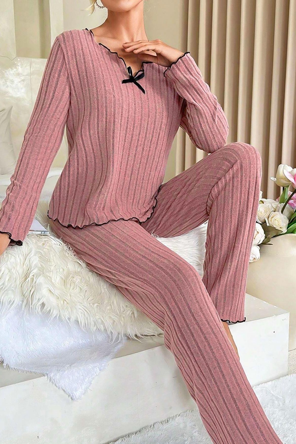 Gül Kurusu Uzun Kollu Pamuklu Pijama Takımı 7067