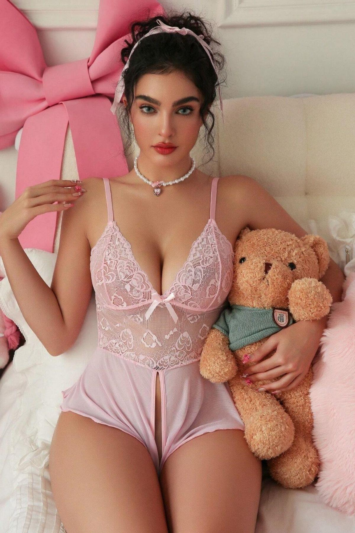 Toz Pembe Özel Bölgesi Açık Cazibe Bodysuit 15105