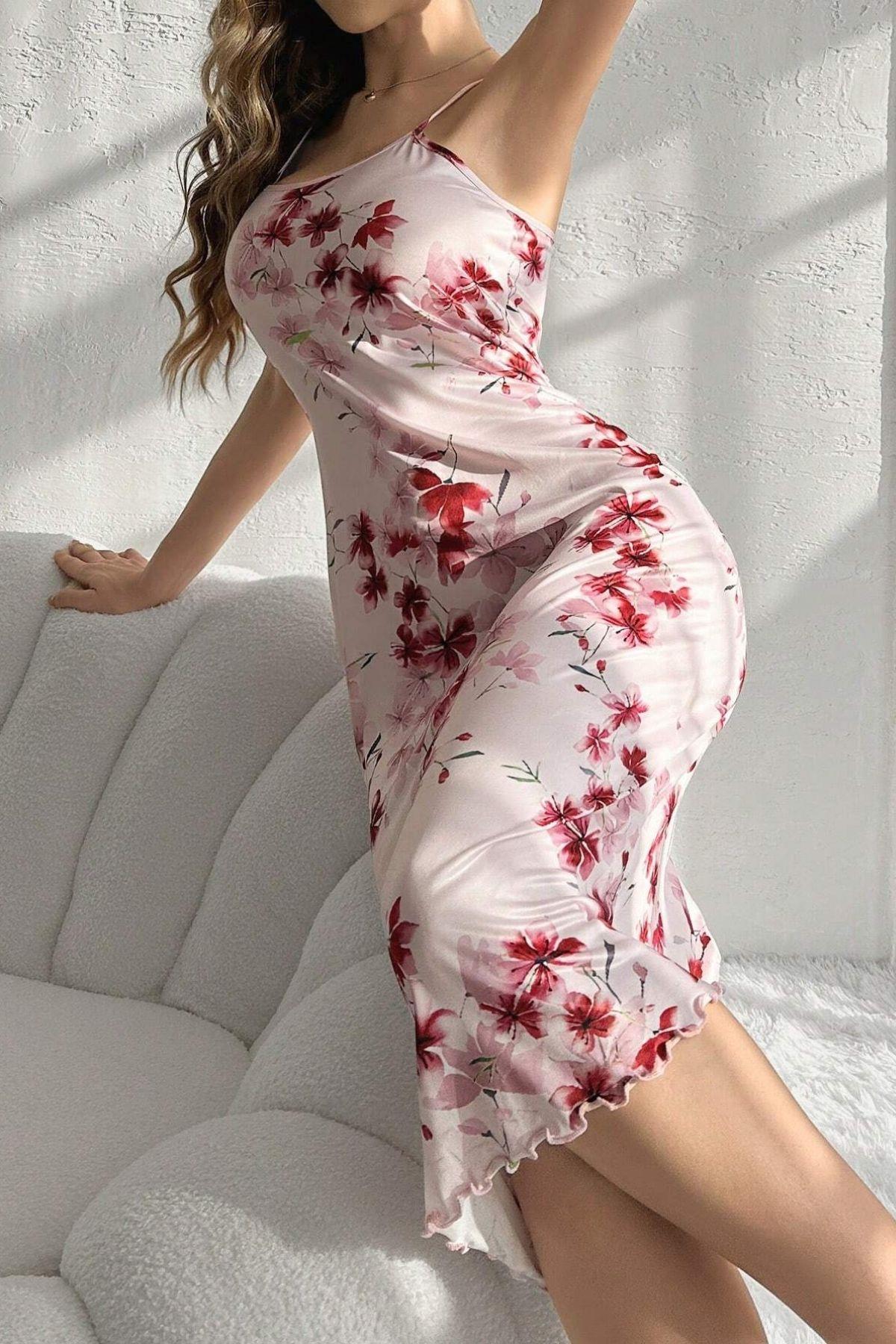 Bella Notte Toz Pembe Sakura Güzelliği Midi Boy Gecelik 15729