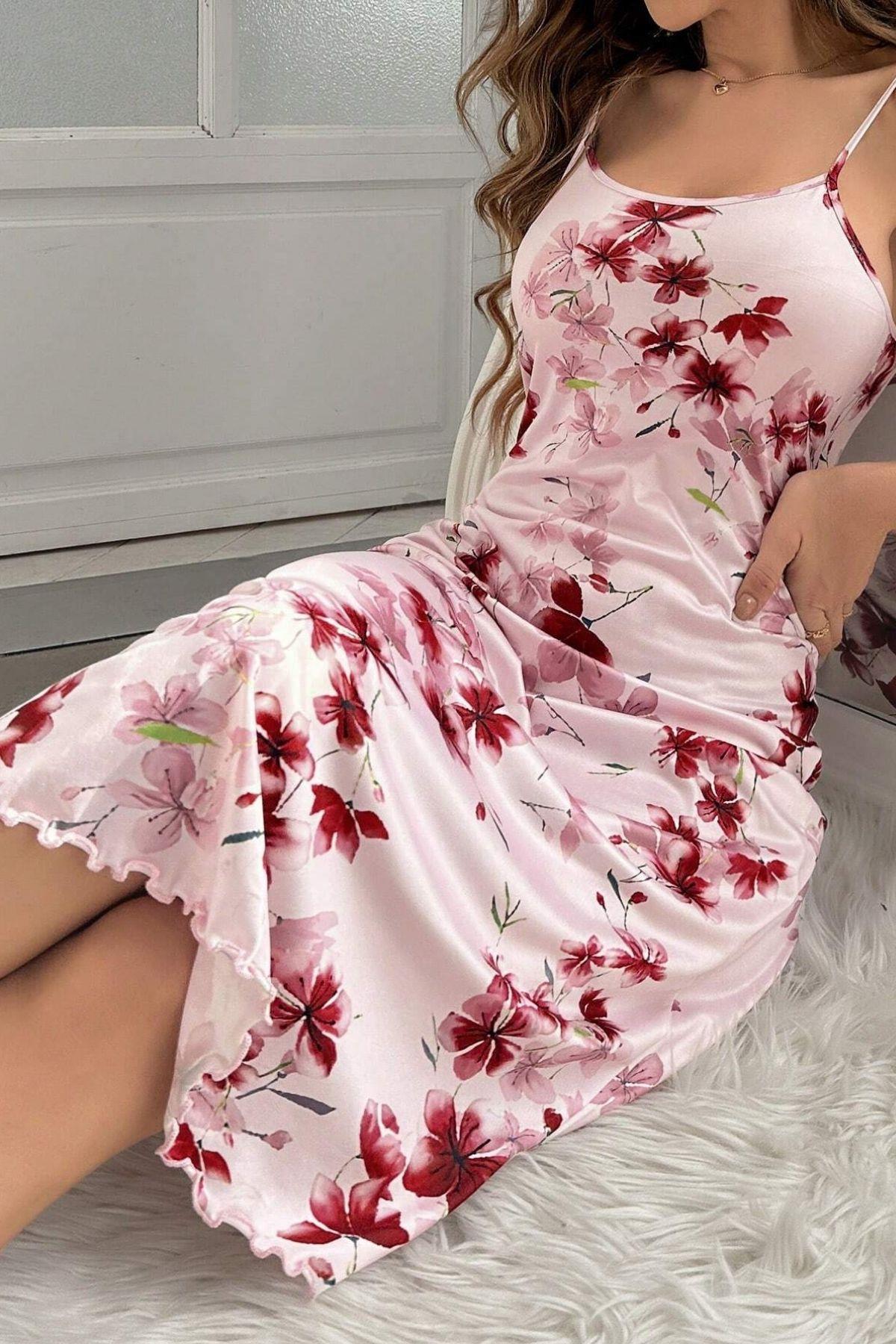 Bella Notte Toz Pembe Sakura Güzelliği Midi Boy Gecelik 15729