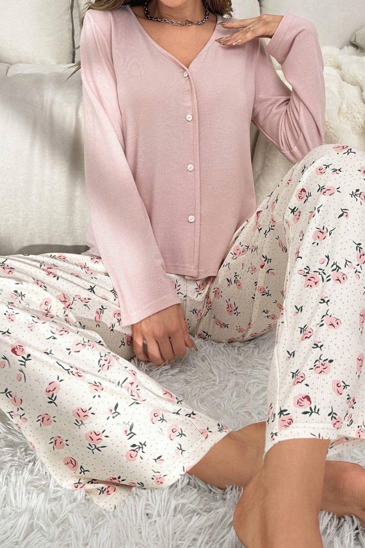 Toz Pembe V Yaka Pamuklu Pijama Takımı 7087