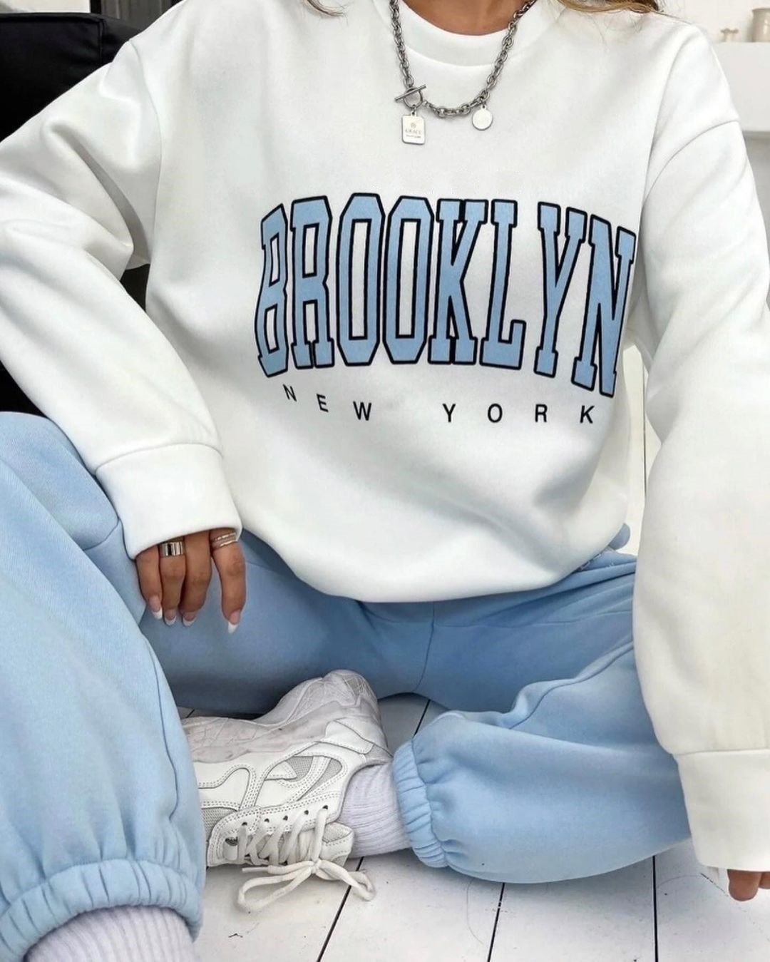 Kadın Bisiklet Yaka Brooklyn Baskılı üç Iplik Kumaş Sweat