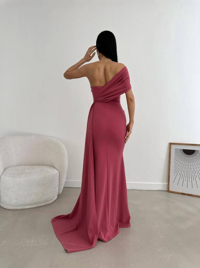 Trendusfashion Krep Kumaş Tek Omuz Asimetrik Kesim Abiye Elbise