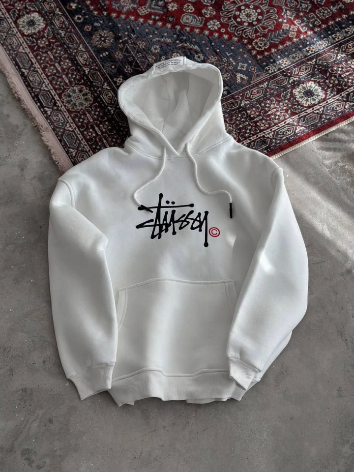 Üç İplik Kapşonlu Baskılı SweatShirt - Beyaz