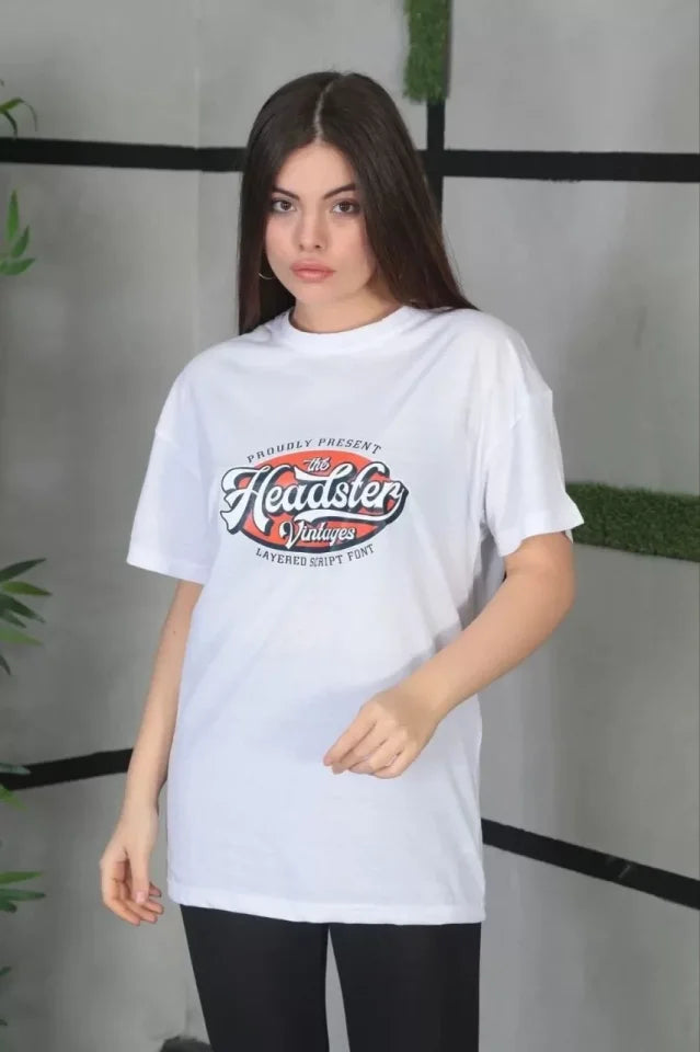 Unisex Baskılı Oversize T-Shirt - Beyaz