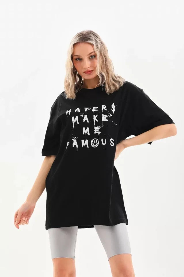 Unisex Baskılı Oversize T-Shirt - Siyah