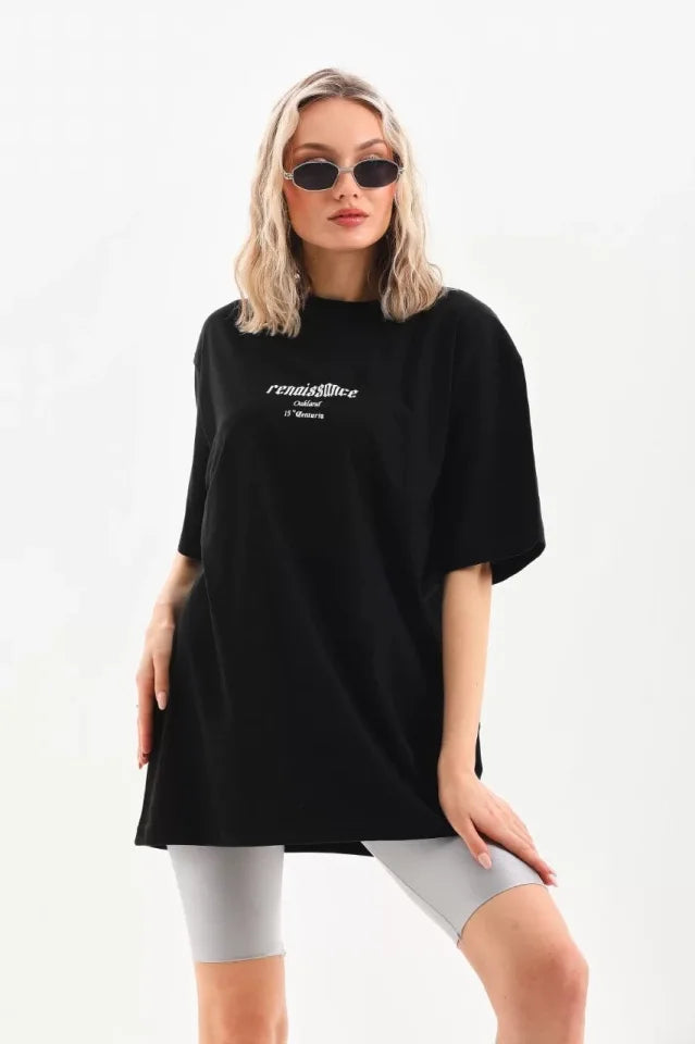 Unisex Baskılı Oversize T-Shirt - Siyah