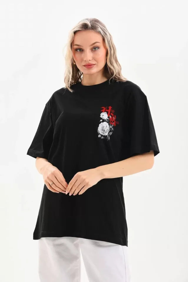 Unisex Baskılı Oversize T-Shirt - Siyah