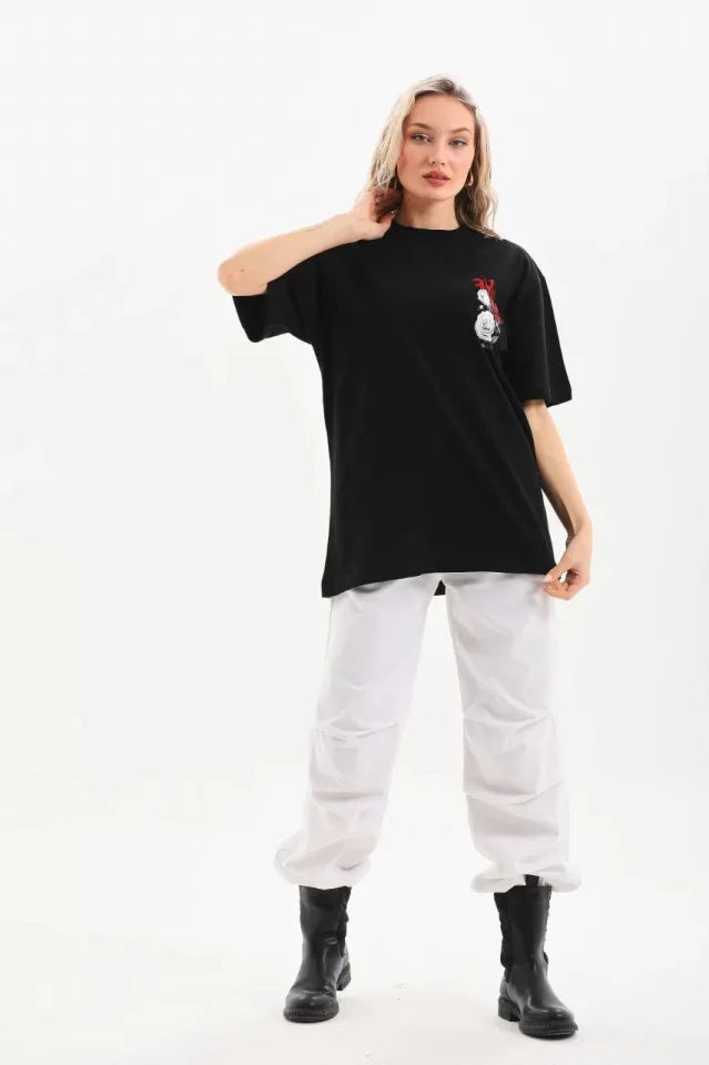 Unisex Baskılı Oversize T-Shirt - Siyah