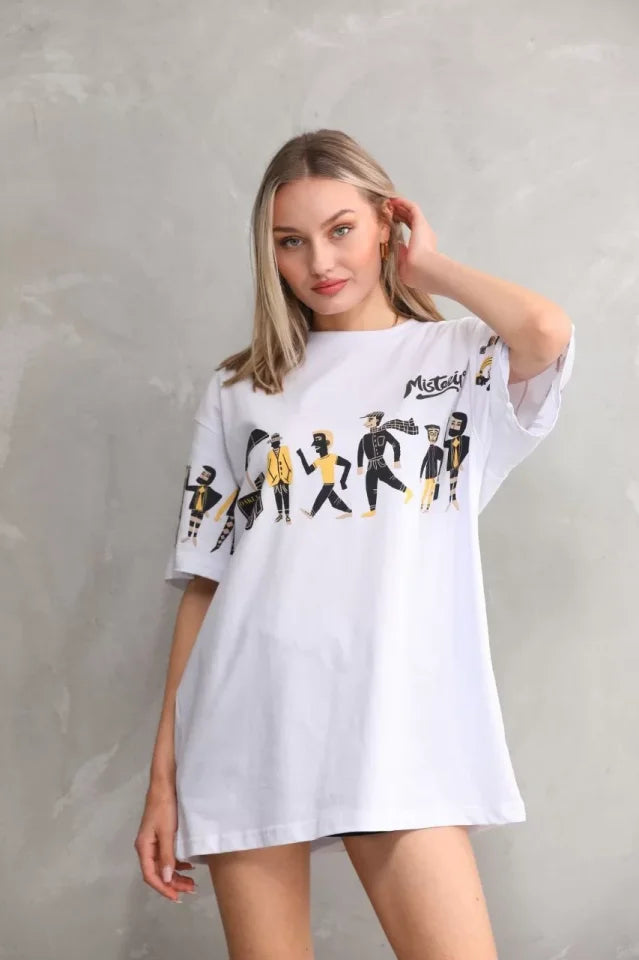 Unisex Bisiklet Yaka Baskılı Oversize T-Shirt - Beyaz