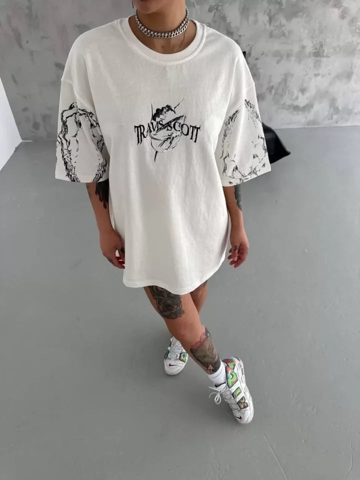 Unisex Bisiklet Yaka Baskılı Oversize T-Shirt - Beyaz