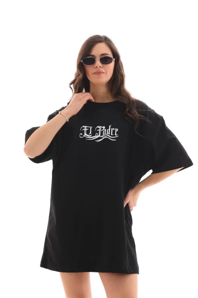 Unisex Bisiklet Yaka Baskılı Oversize T-Shirt - Siyah