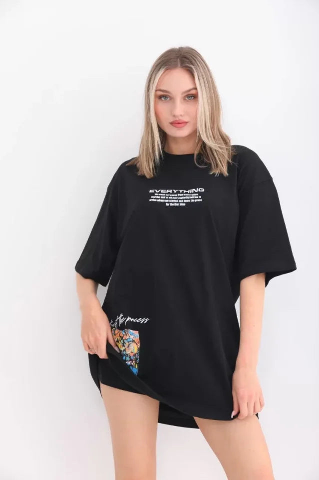 Unisex Bisiklet Yaka Baskılı Oversize T-Shirt - Siyah