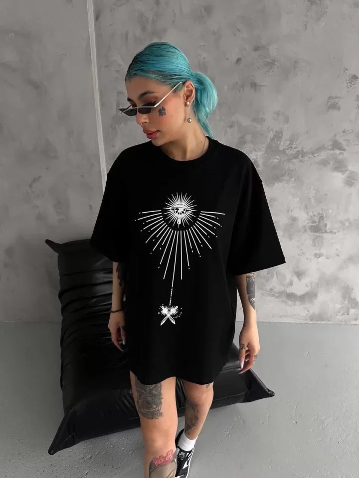 Unisex Bisiklet Yaka Baskılı Oversize T-Shirt - Siyah