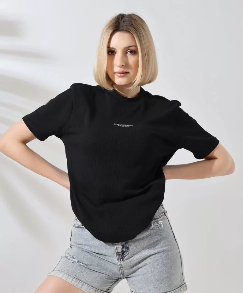 Unisex Bisiklet Yaka Baskılı Slim Fit T-Shirt - Siyah