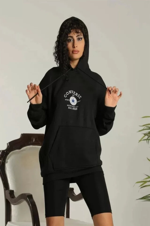 Unisex Kapüşonlu Üç İplik Oversize Baskılı Sweatshirt - Siyah