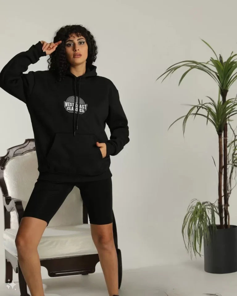 Unisex Sırt Baskılı Kapüşonlu Üç İplik Oversize Sweatshirt - Siyah