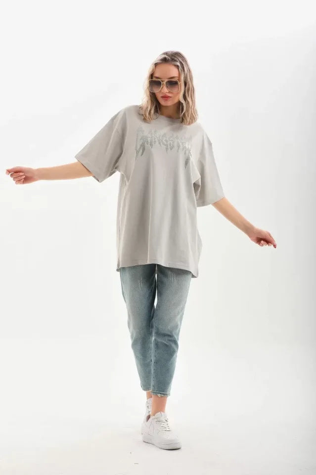 Unisex Taş Desenli Oversize T-Shirt - Gri